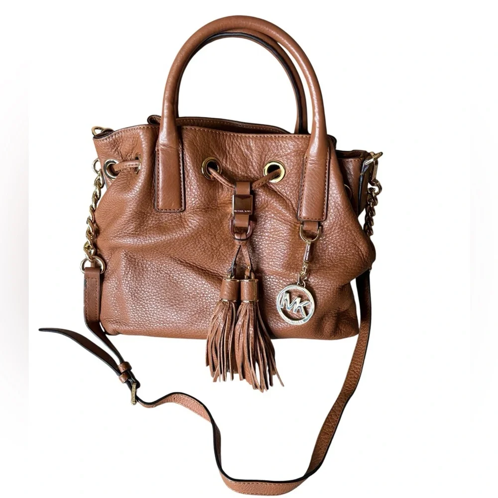 Michael Kors Camden Luggage Brown Leather Medium Drawstring Satchel